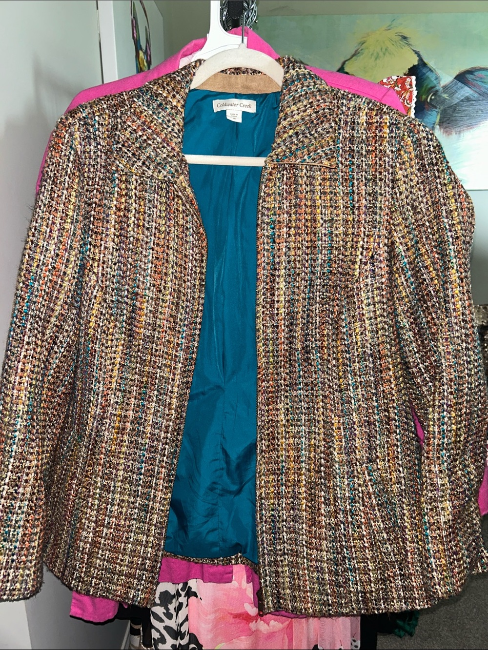 Coldwater Creek Multicolored Tweed Open-Front Jacket with Teal Lining